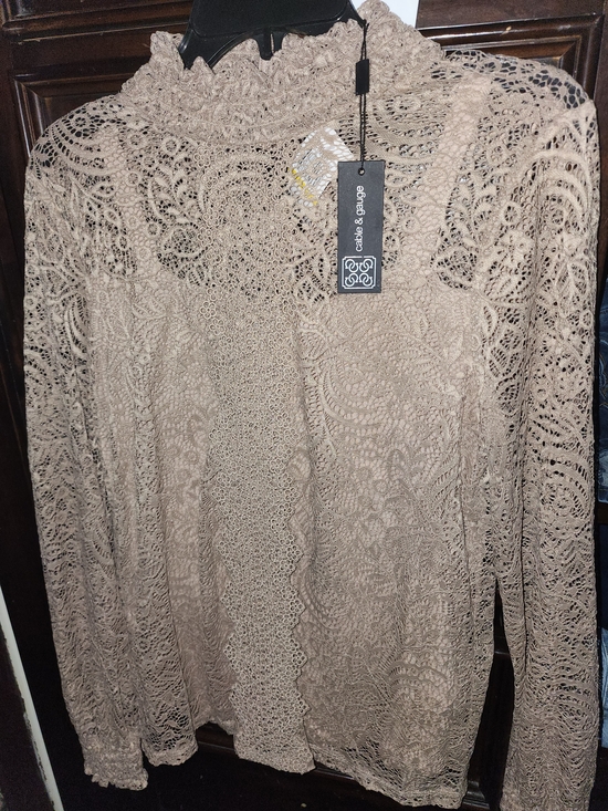 Cable & Gauge Tops - Cable & Gauge Crochet Lace Long Sleeve Top - Taupe